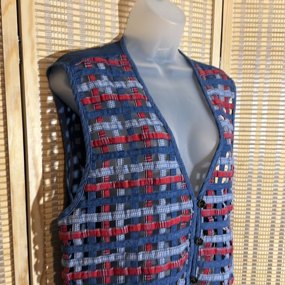 Koret City Blues Vintage 1990s Y2K Blue Denim Patchwork Open Holes Vest Large - Picture 2 of 15